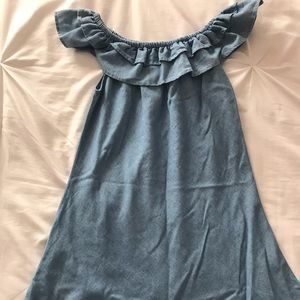 Ruffled off the shoulder jean dress